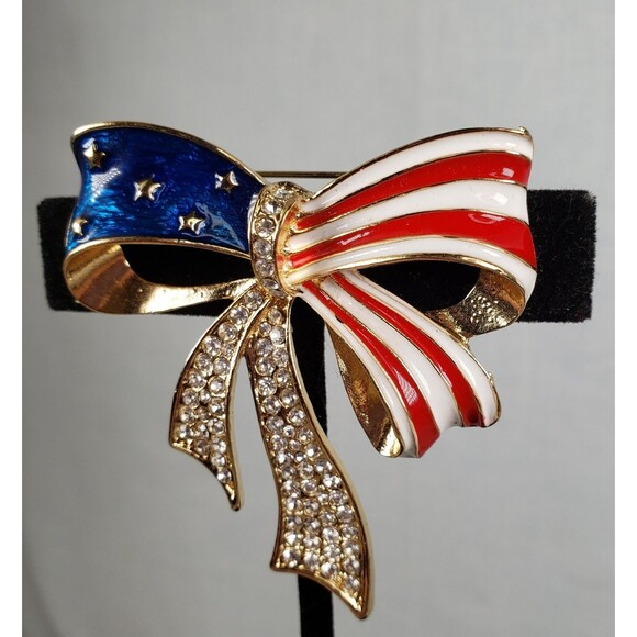 Red White & Blue Enamel Striped Gold Bow Rhinestones and Gold Stars Brooch - Picture 7 of 16